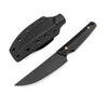A black full tang fixed blade knife with a G10 handle and Kydex sheath shown from above and the side.