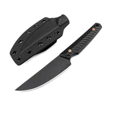 A black full tang fixed blade knife with a G10 handle and Kydex sheath shown from above and the side.