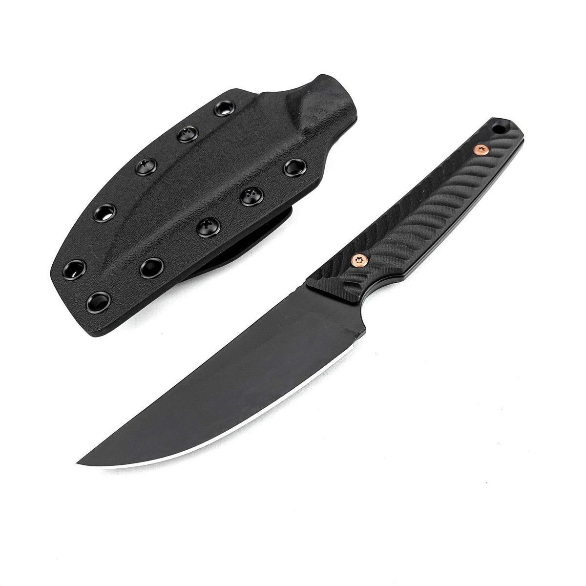 A black full tang fixed blade knife with a G10 handle and Kydex sheath shown from above and the side.