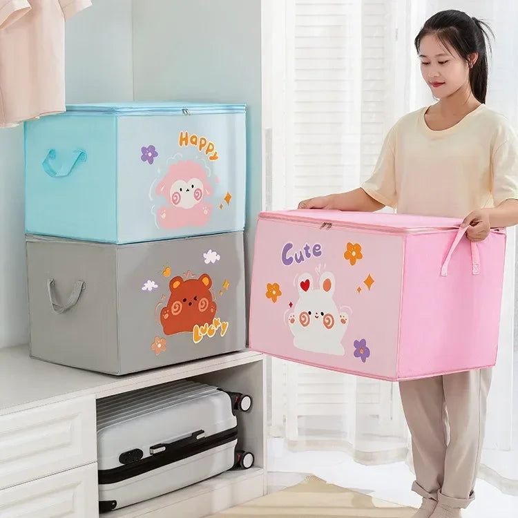 A woman holds a pink storage bag next to a light blue one on a shelf.
