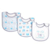 A set of three soft cotton baby bibs featuring blue and purple cartoon animal prints like elephants and lions.