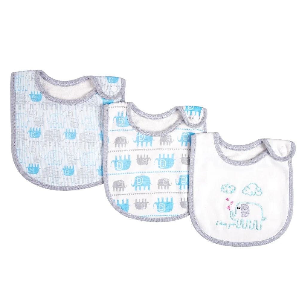 A set of three soft cotton baby bibs featuring blue and purple cartoon animal prints like elephants and lions.