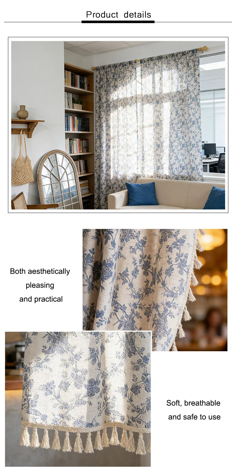 A close-up of a light blue and white floral cotton-linen curtain with tasseled edges.