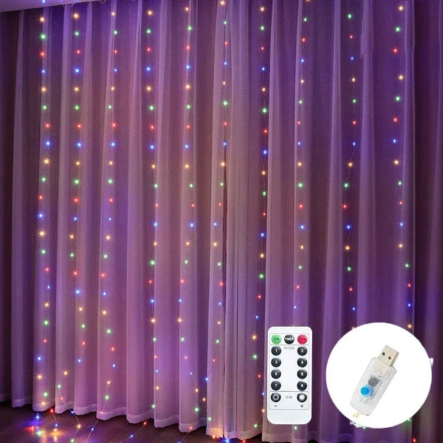 Purple sheer curtains illuminated by fairy lights with a remote control and timer