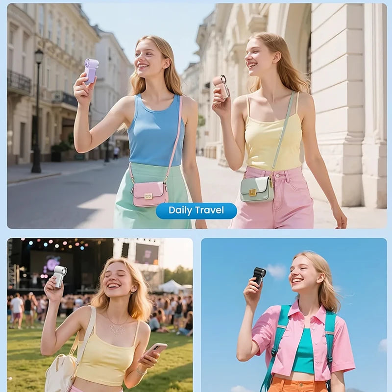Deux jeunes femmes souriantes utilisant un ventilateur portable rechargeable USB en extérieur.