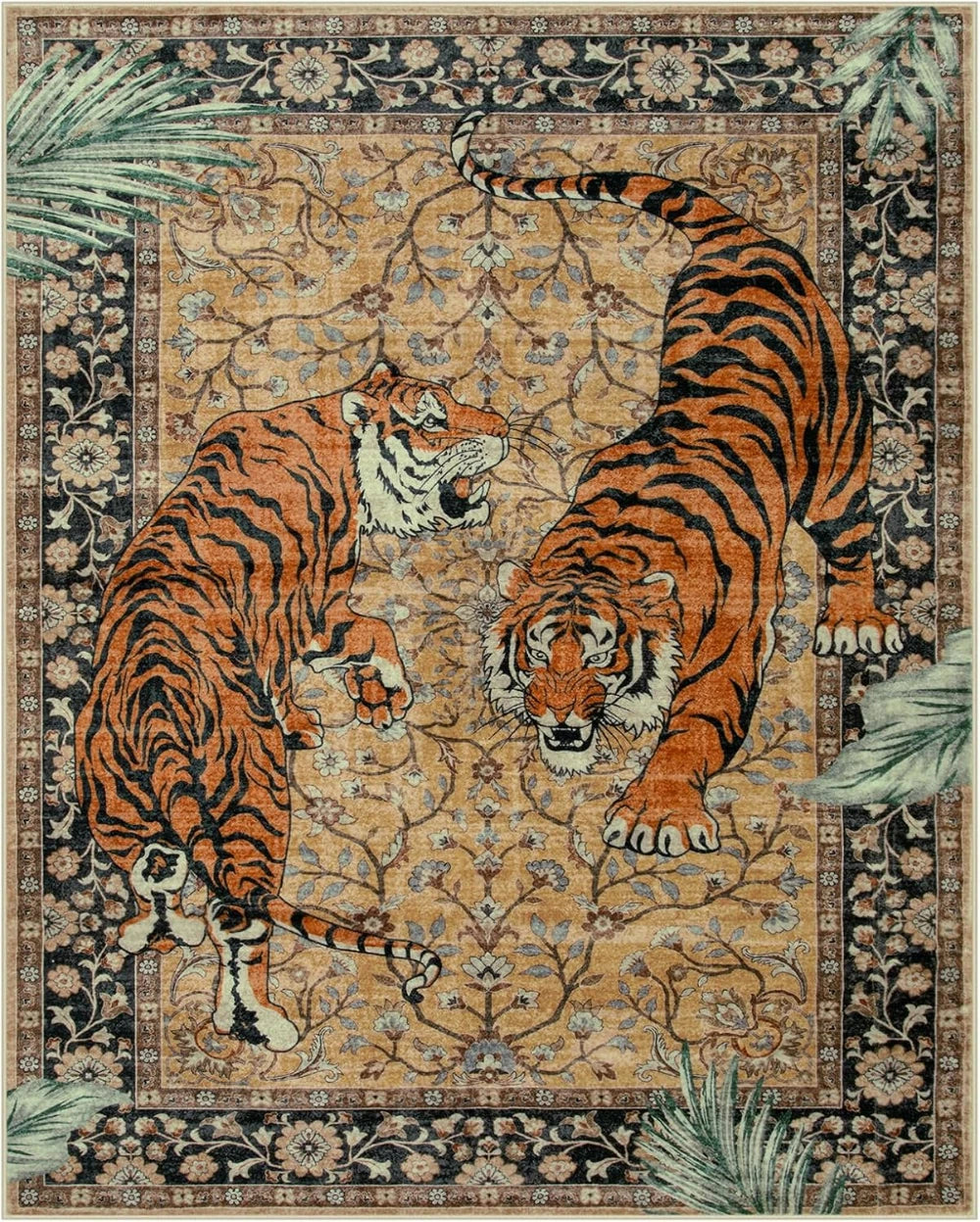 An area rug featuring a detailed print of a tiger in orange and black stripes on a beige background.