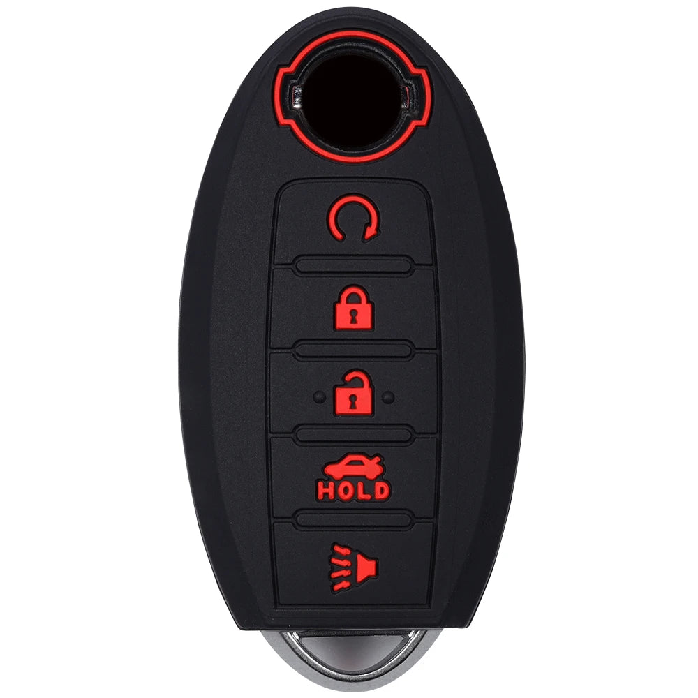 Black silicone key fob cover with indicators for lock, unlock, hold, and speaker functions.
