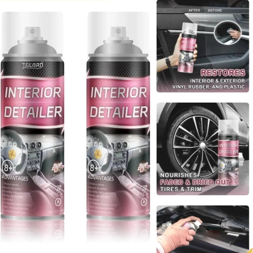 A pink spray bottle of interior detailer is shown with usage instructions and results on car surfaces.