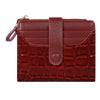 A maroon crocodile embossed PU leather wallet with a flap and zipper detail.