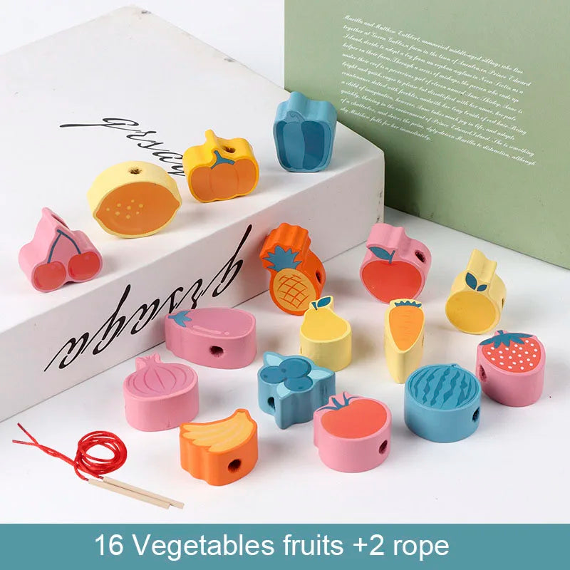 Wooden Lacing Beads Set for Kids with Animal, Fruit, Letter & Number Shapes