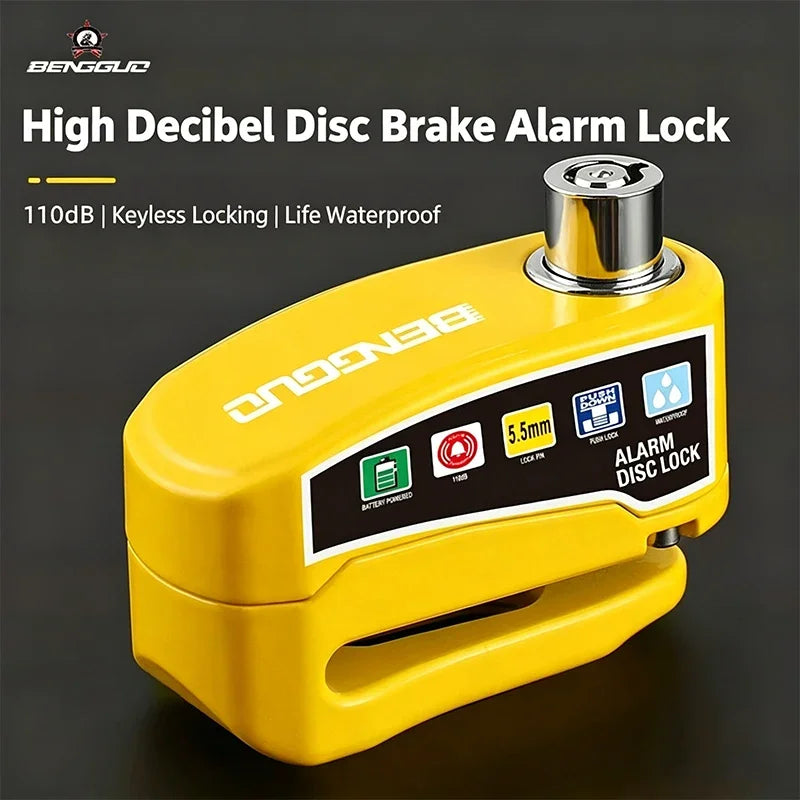 A yellow disc brake alarm lock device with a silver cap, featuring text indicating 110dB sound and waterproof protection.