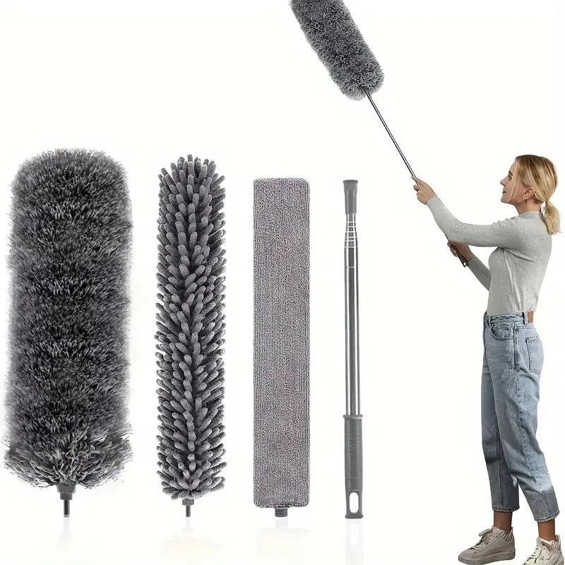 A woman is using a retractable electrostatic dust duster with a microfiber head to clean a surface.