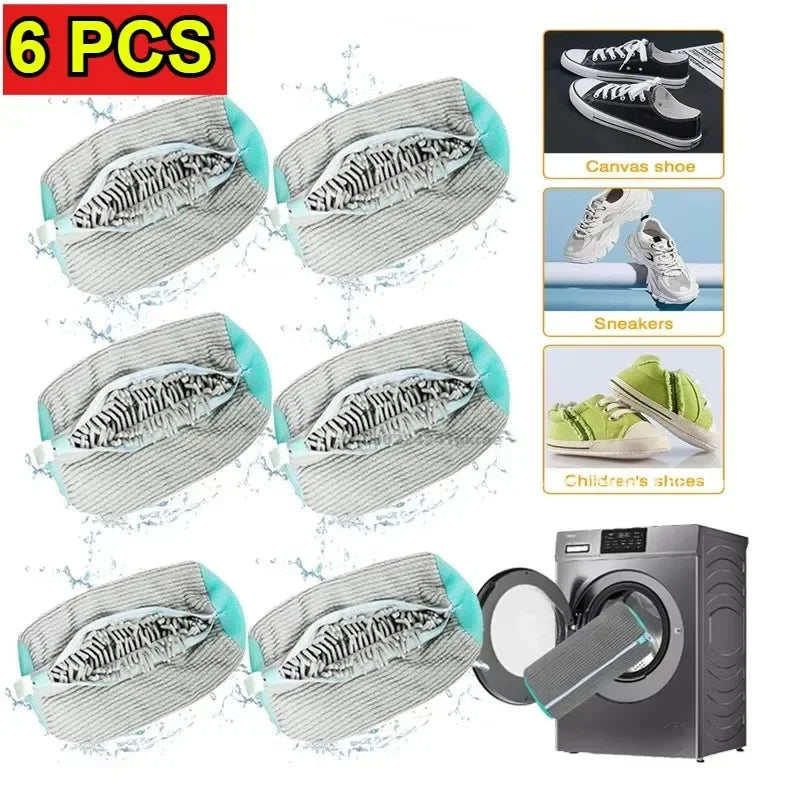 Six reusable shoe laundry bags with bristled brushes for gentle machine washing