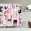 A pink and white cartoon cat pattern shower curtain featuring various feline illustrations.