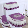 A purple antibacterial toilet seat cover set with a washable cushion displayed on a white stand.