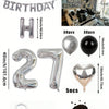 A kit for a balloon garland featuring silver and black foil numbers, including large numbers, balloons, and chocolate confett