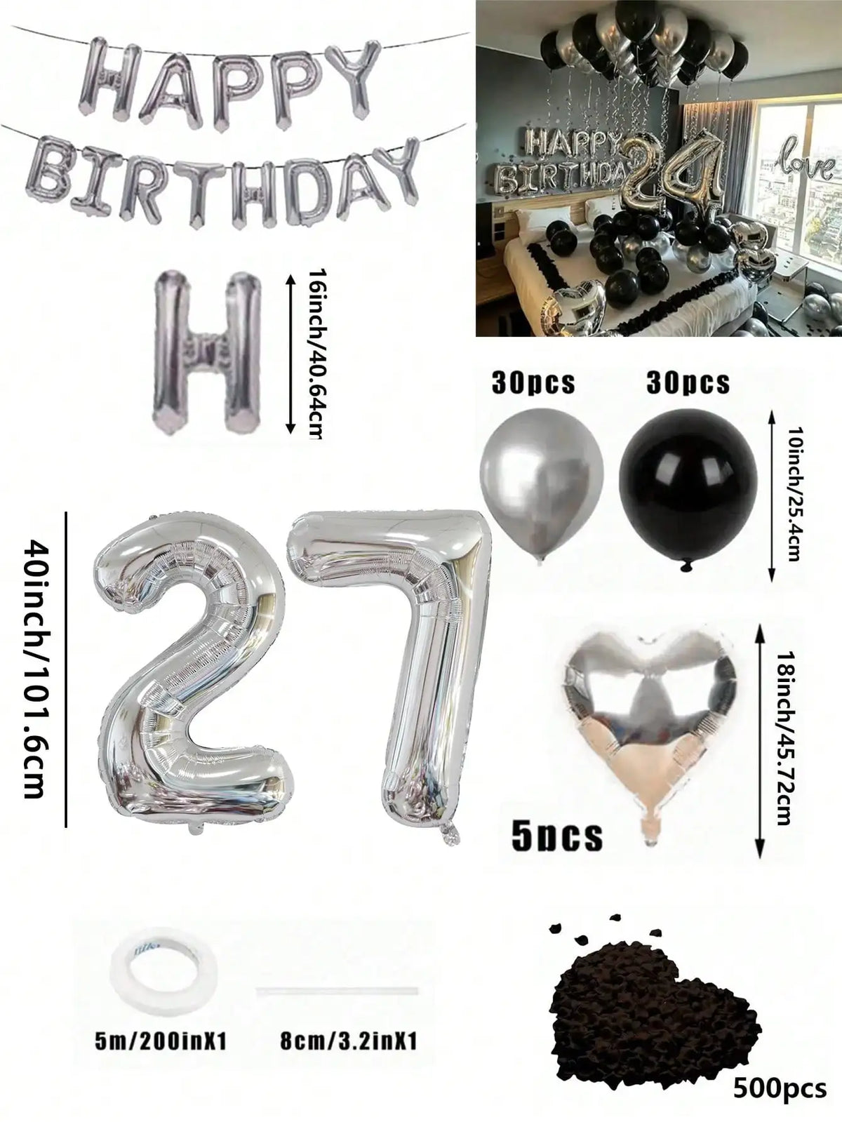 A kit for a balloon garland featuring silver and black foil numbers, including large numbers, balloons, and chocolate confett