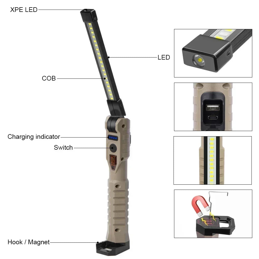 Foldable LED Work Light with Magnetic Base and USB Charging