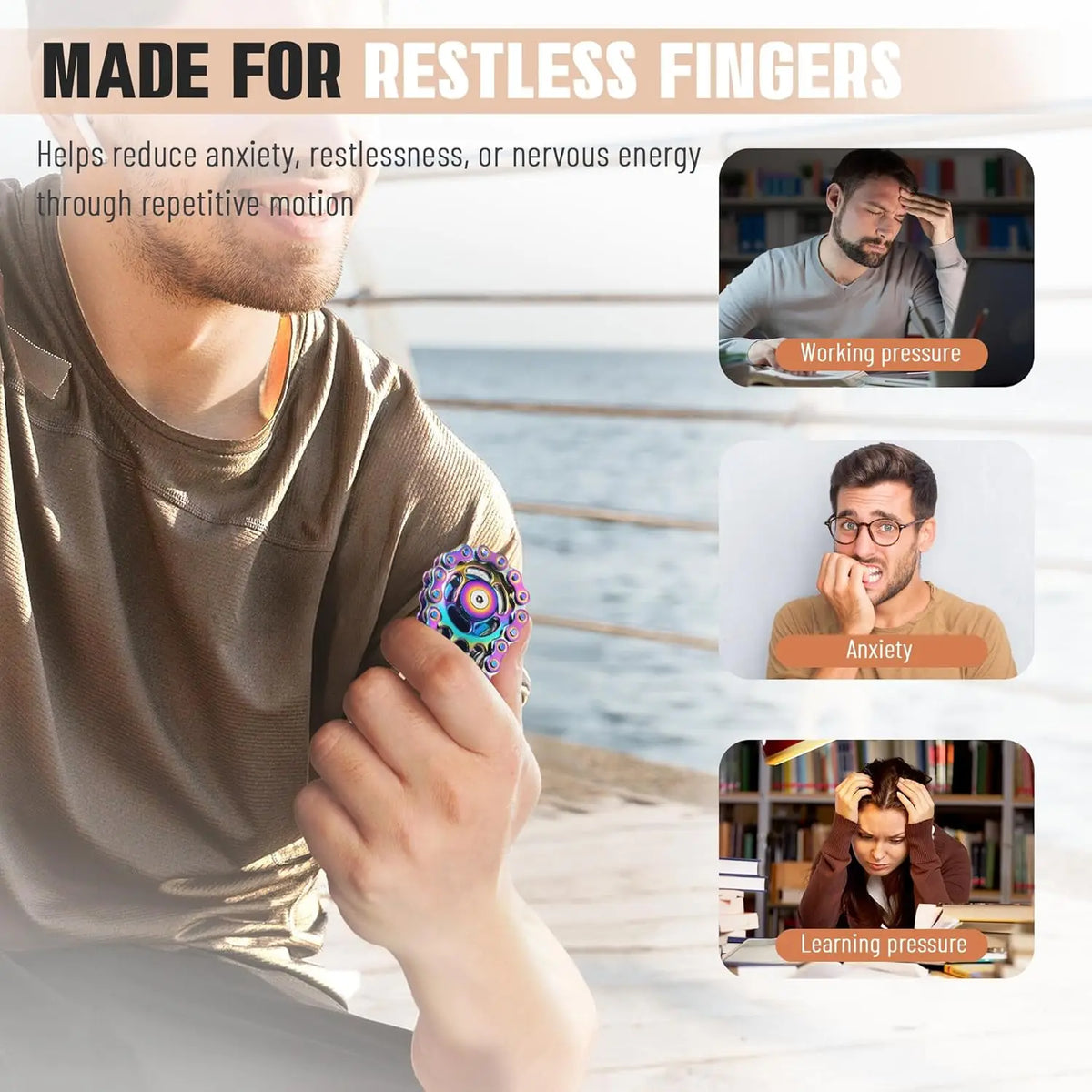 A hand is holding a rainbow iridescent fidget spinner, used to relieve restless fingers and nervous energy.