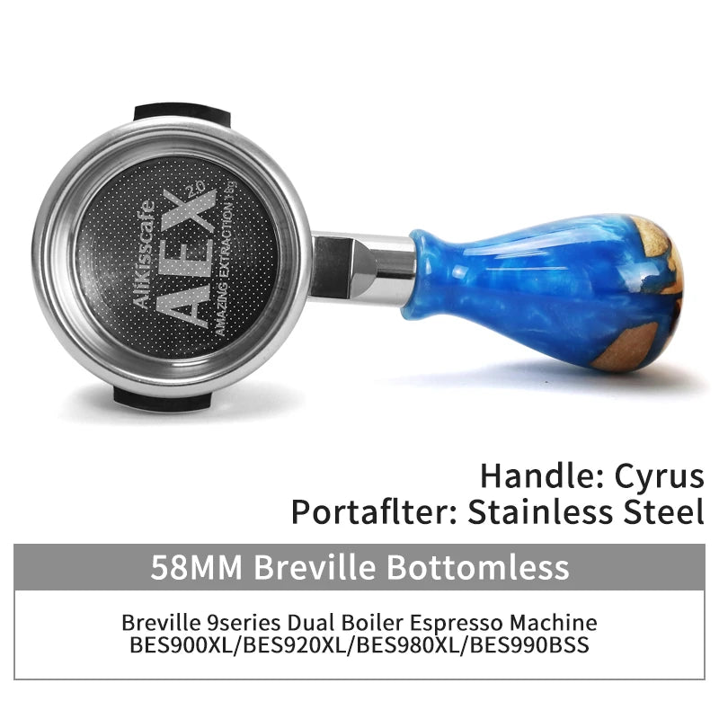 A stainless steel bottomless espresso portafilter for Breville and similar machines.