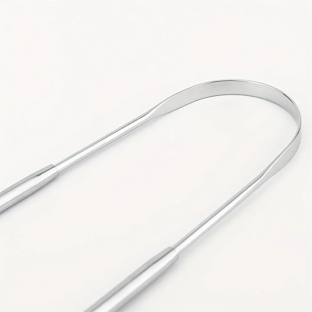 A silver stainless steel tongue scraper shown against a white background.