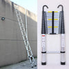 A silver telescopic aluminum ladder with a removable roof hook is shown leaning against a wall.