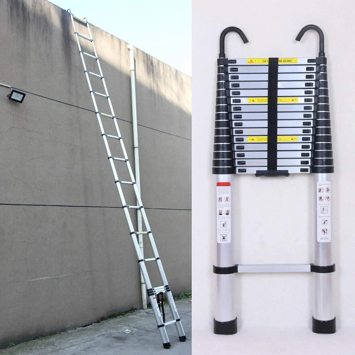 A silver telescopic aluminum ladder with a removable roof hook is shown leaning against a wall.