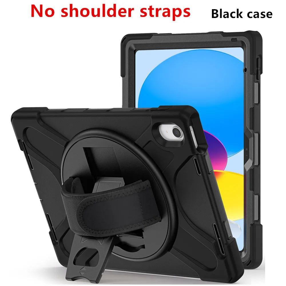 Black shockproof case with no shoulder straps and a stand for an iPad.
