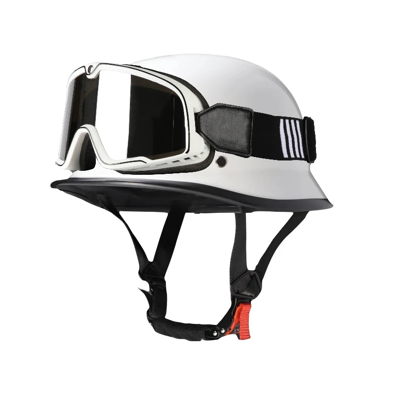 A white lightweight half helmet with integrated goggles shown from the front.