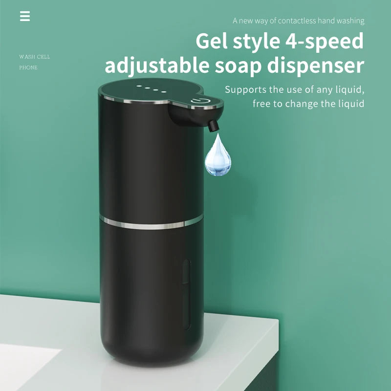 A black gel style 4-speed adjustable soap dispenser with a clear liquid droplet, displayed on a white surface.