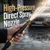 A hand holds a high-pressure direct spray nozzle, demonstrating its use for cleaning a car.