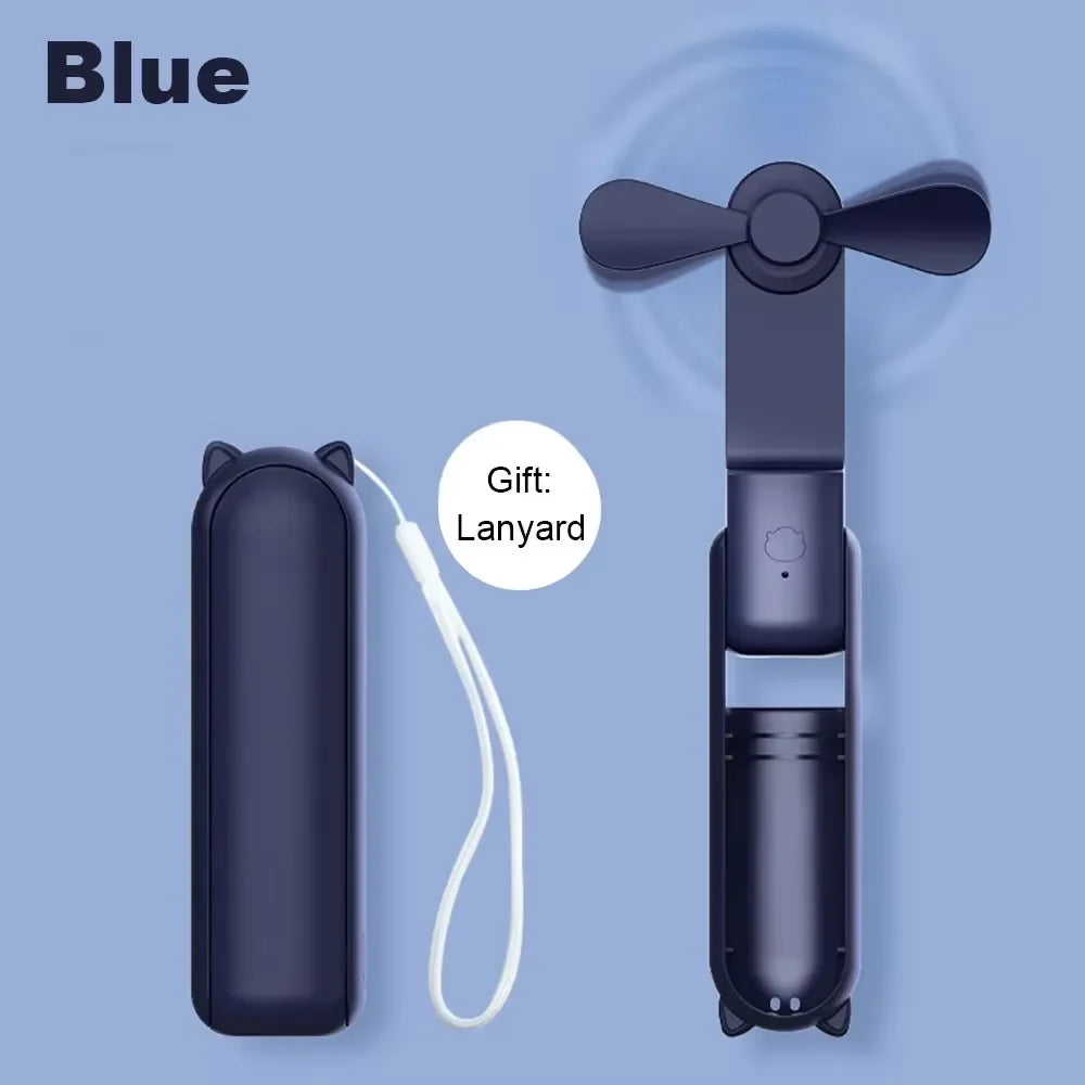 A blue pocket-sized rechargeable handheld fan with a white lanyard is shown next to it.