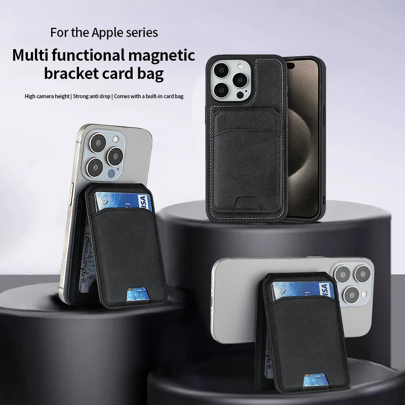 Multi functional magnetic bracket card bag for Apple series phones shown with various iPhone models.