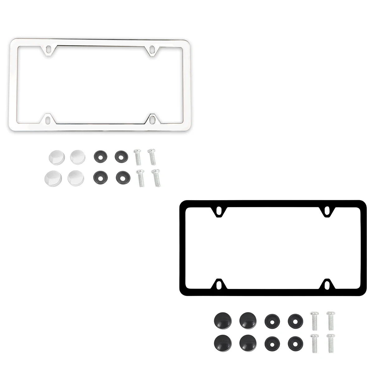 Slim stainless steel license plate frame with mirror chrome finish and mounting hardware.