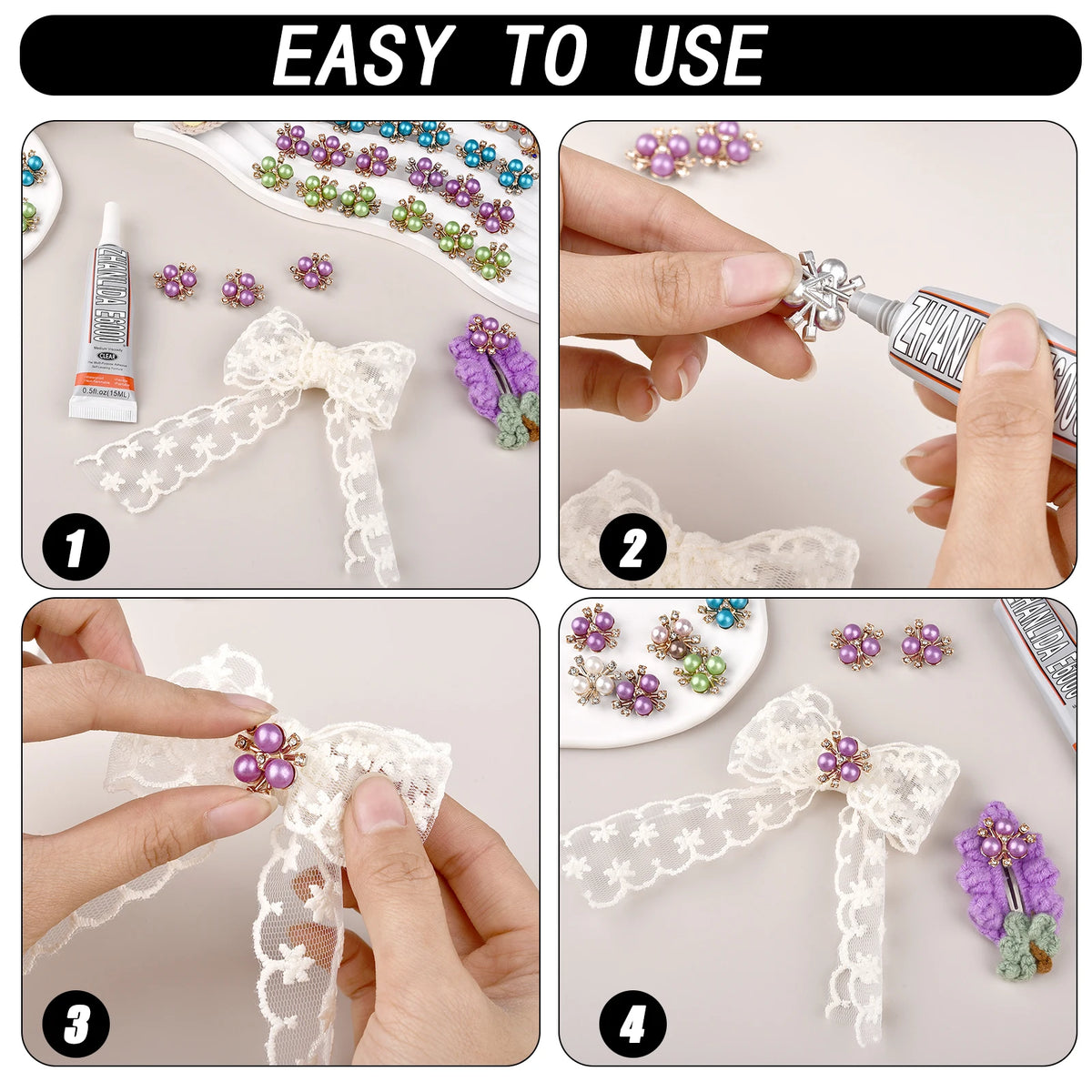 Step-by-step guide showing how to use pearlized resin flower beads for DIY jewelry making