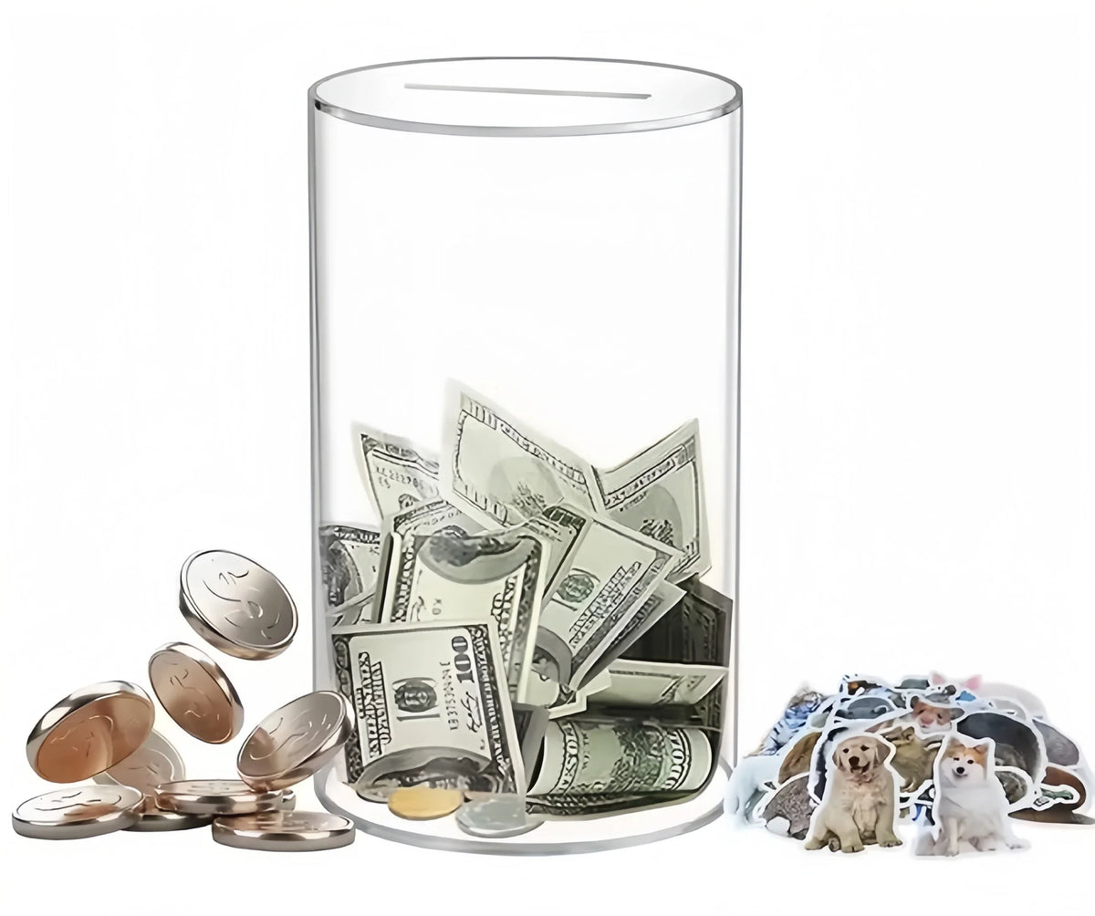 A clear acrylic piggy bank filled with coins and bills, next to various coins and a cat.
