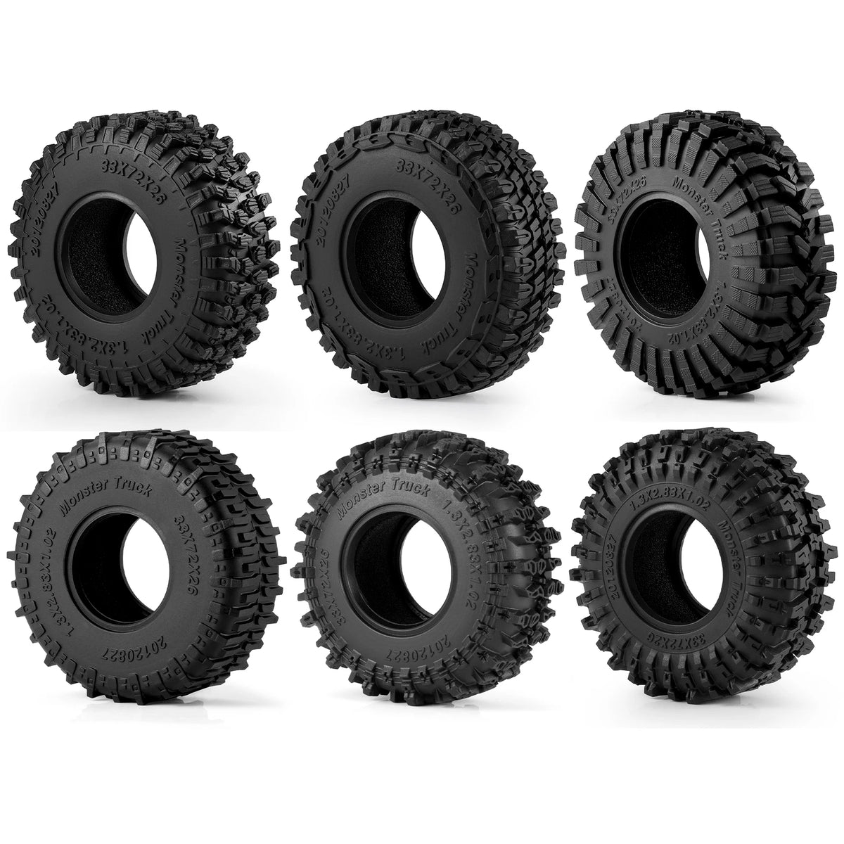 A set of four black mud terrain wheels and tires for RC crawlers.