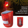 A red solar-powered PIR motion sensor alarm light device with a flashing strobe feature.