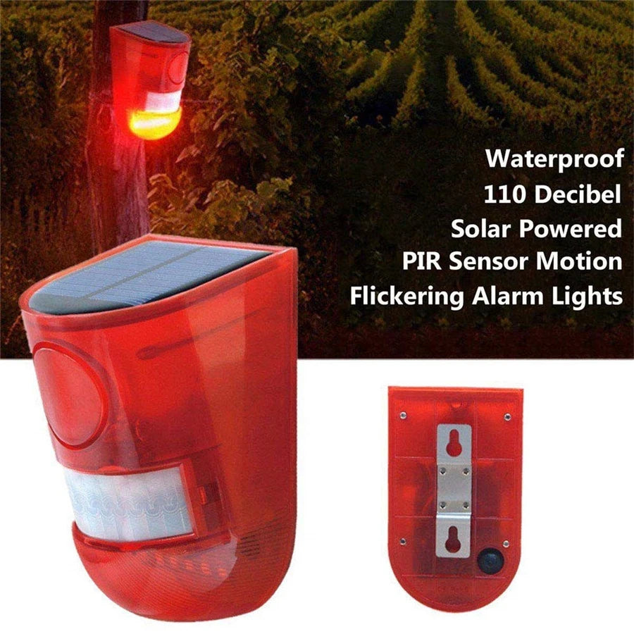 A red solar-powered PIR motion sensor alarm light device with a flashing strobe feature.