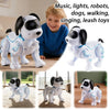A white robotic dog toy is shown in various poses and with a child, demonstrating its features for music, lights, and dancing
