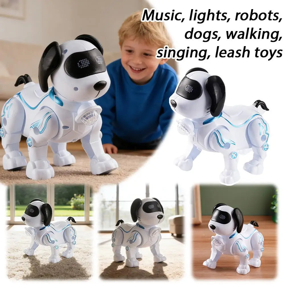 A white robotic dog toy is shown in various poses and with a child, demonstrating its features for music, lights, and dancing