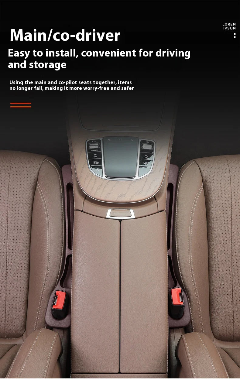 Close-up view of car seat gap plug strips installed between the main and co-pilot seats.