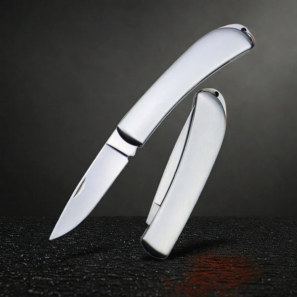 A compact stainless steel folding utility knife with a polished silver finish shown in profile.