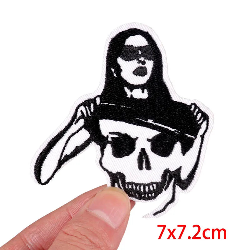 Black embroidered rose skull patch with iron-on backing