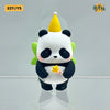 A white and black panda blind box figure with yellow ears and a gold cone hat holding a yellow star.