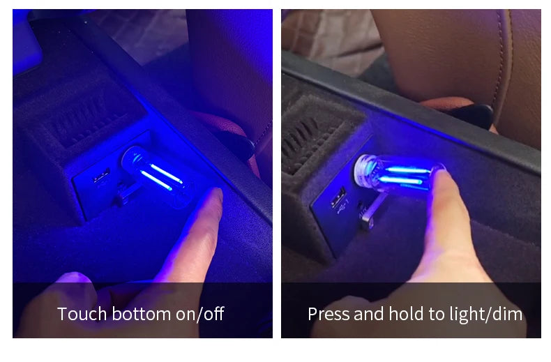 Demonstration of a USB touch bottom on/off and press and hold to light/dim function of an LED night light.