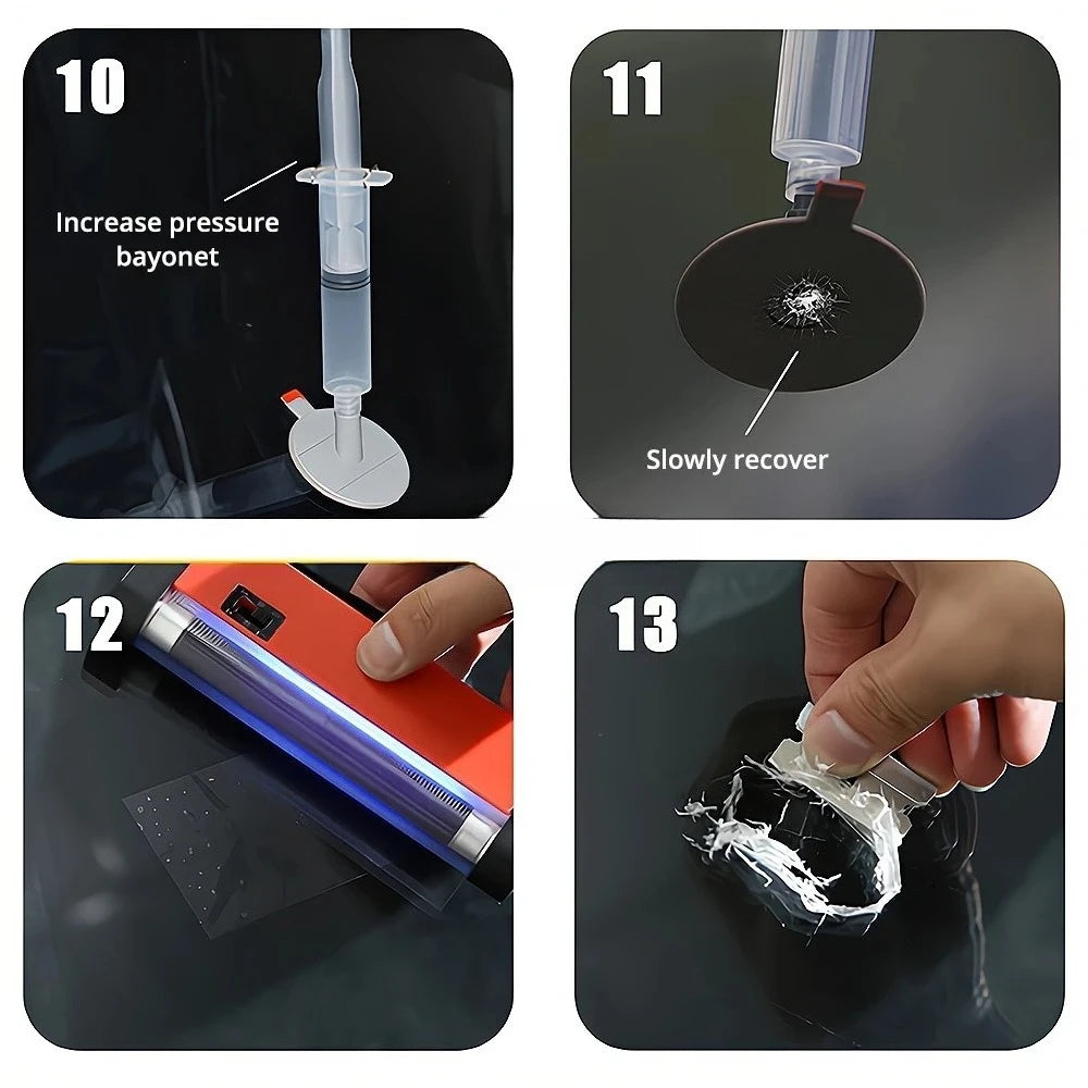 Steps showing how to use a windshield repair kit with resin for cracks and scratches