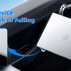 A foldable aluminum laptop stand is shown secured in a car's steering wheel for device protection.