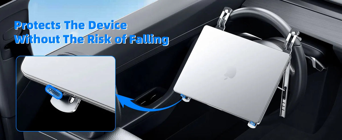 A foldable aluminum laptop stand is shown secured in a car's steering wheel for device protection.