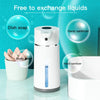 A white automatic foaming soap dispenser is shown with various liquids like dish soap, hand sanitizer, and body wash nearby.